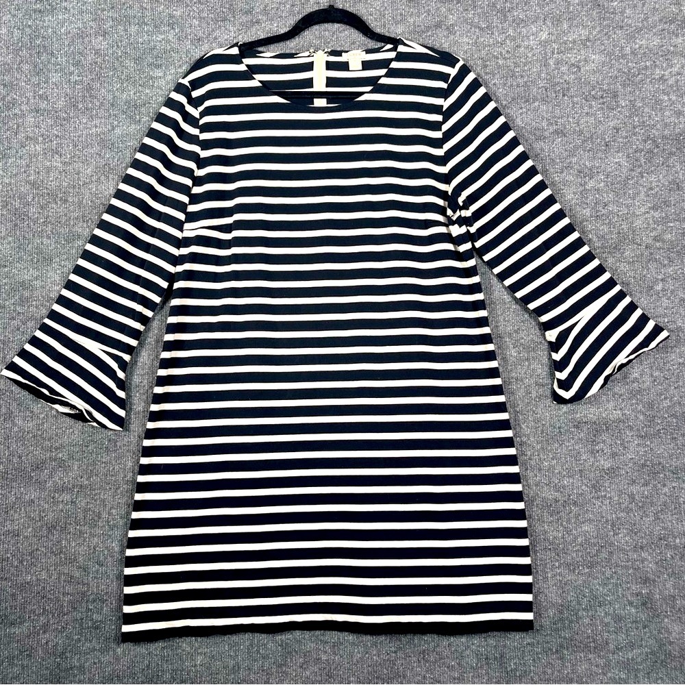J Crew Women’s XL Black White‎ Striped Ruffle 3/4 Sleeve Cotton Shift Dress